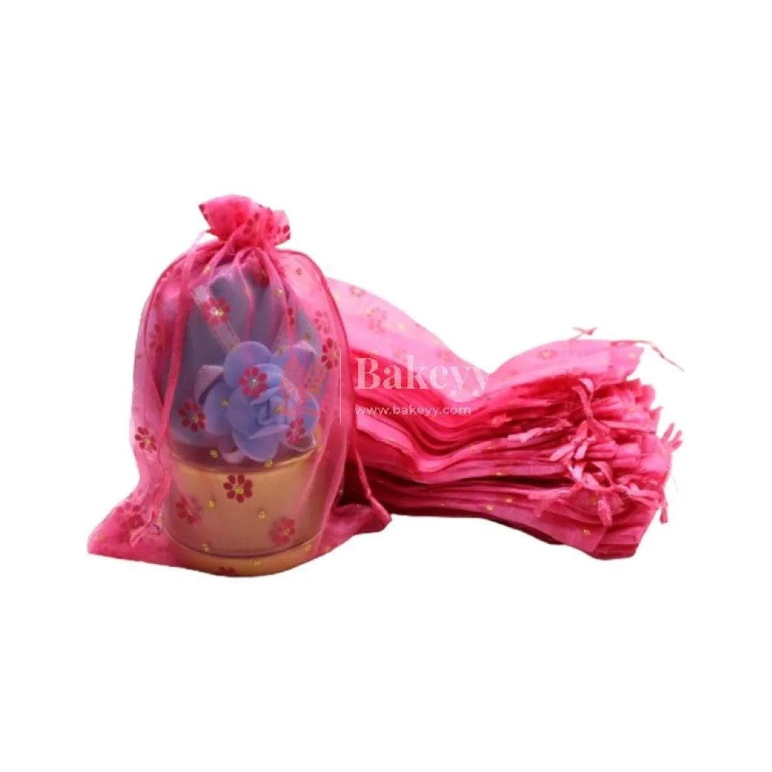13x18 CM | Floral Organza Potli Bags | Pack of 100 | Dark Pink Color | Candy Bag |