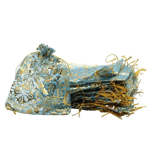 13x18 CM | Printed Organza Potli Bags | Pack of 70 | Sky Blue Colour | Candy Bag