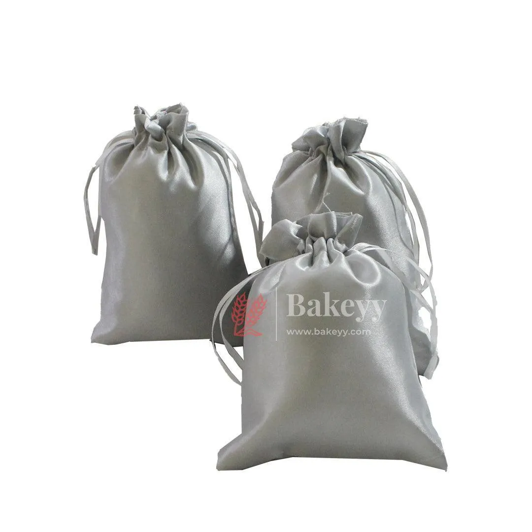 13x18 cm | Satin Potli Bags| Gray Colour | Elegant Drawstring Pouches| for Gifting and Storage|