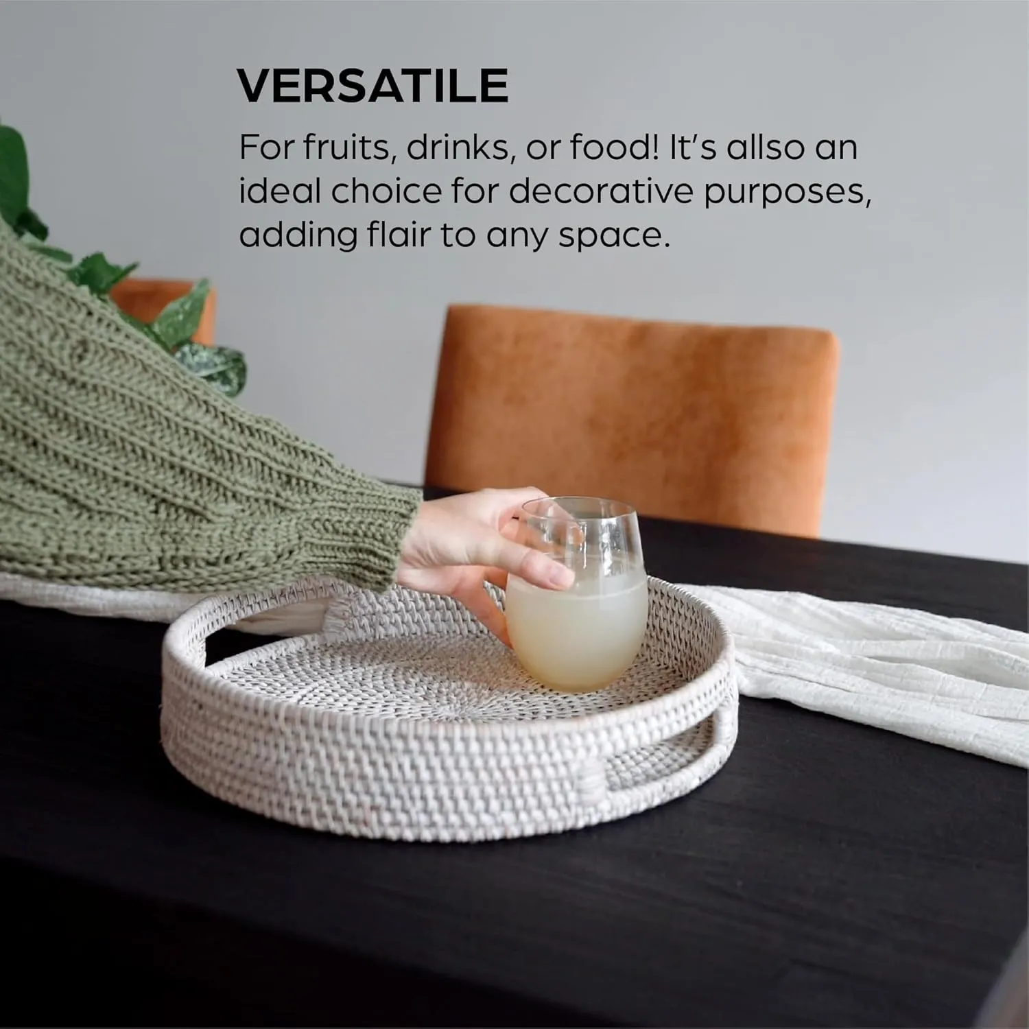 14 inch Round Rattan Serving Tray - Modern Woven Tray w/Handles for Dining Table, Livingroom, Patio Decor - Stylish Rattan Tray for Serving Fruits, Breakfast - Ideal for Coffee Table