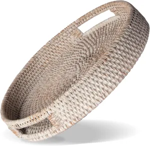 14 inch Round Rattan Serving Tray - Modern Woven Tray w/Handles for Dining Table, Livingroom, Patio Decor - Stylish Rattan Tray for Serving Fruits, Breakfast - Ideal for Coffee Table