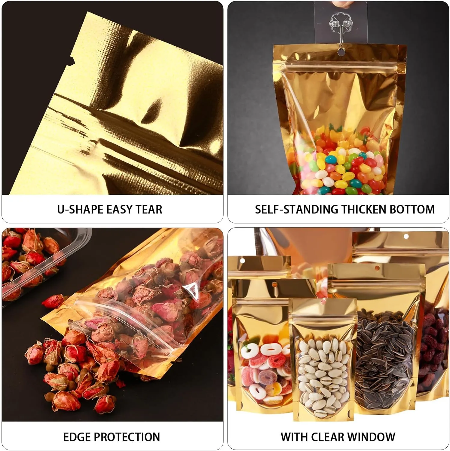 150 Pcs Mylar Bags for Food Storage - 5x8 Stand Up, Resealable, Smell Proof, Freeze Dried Candy Packaging