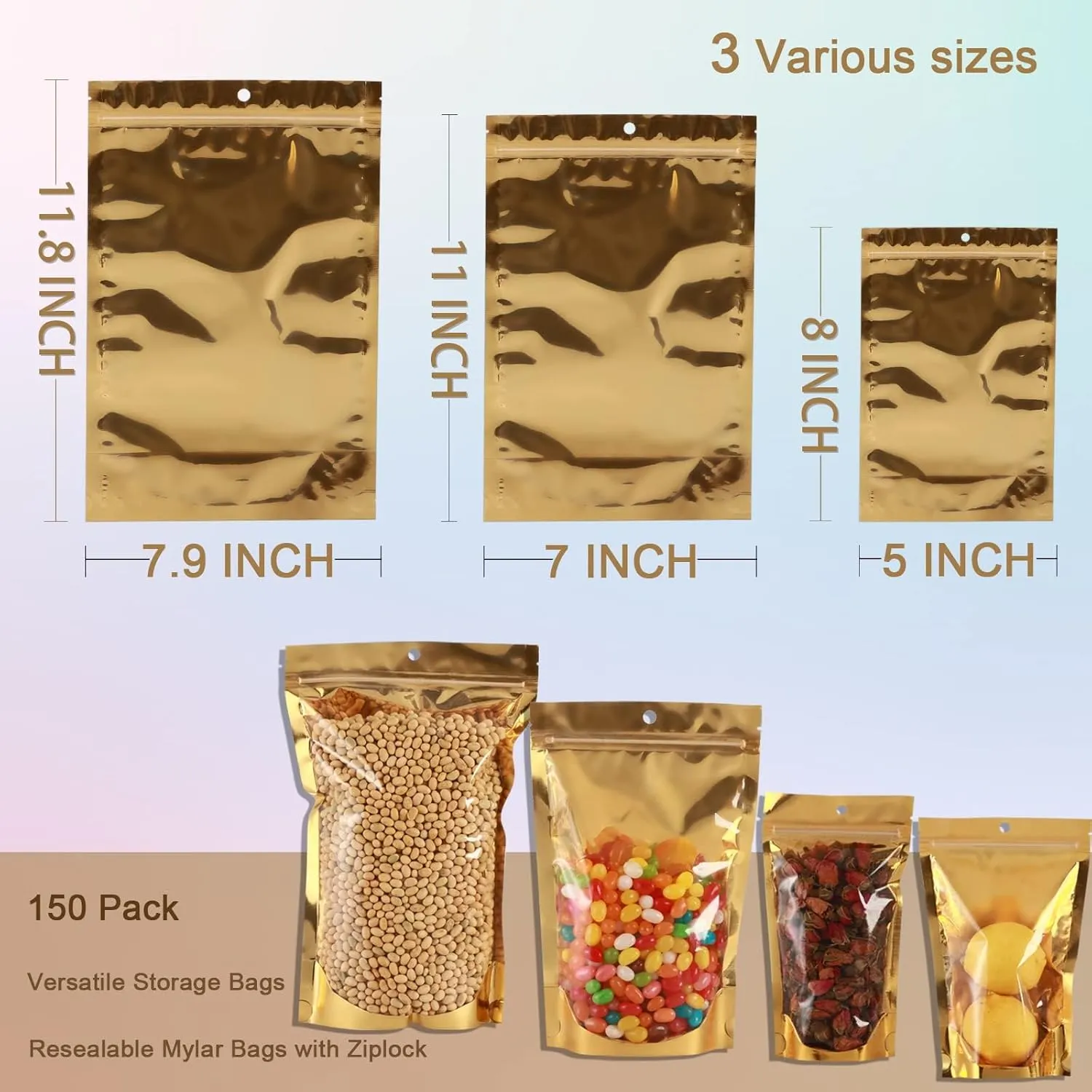 150 Pcs Mylar Bags for Food Storage - 5x8 Stand Up, Resealable, Smell Proof, Freeze Dried Candy Packaging