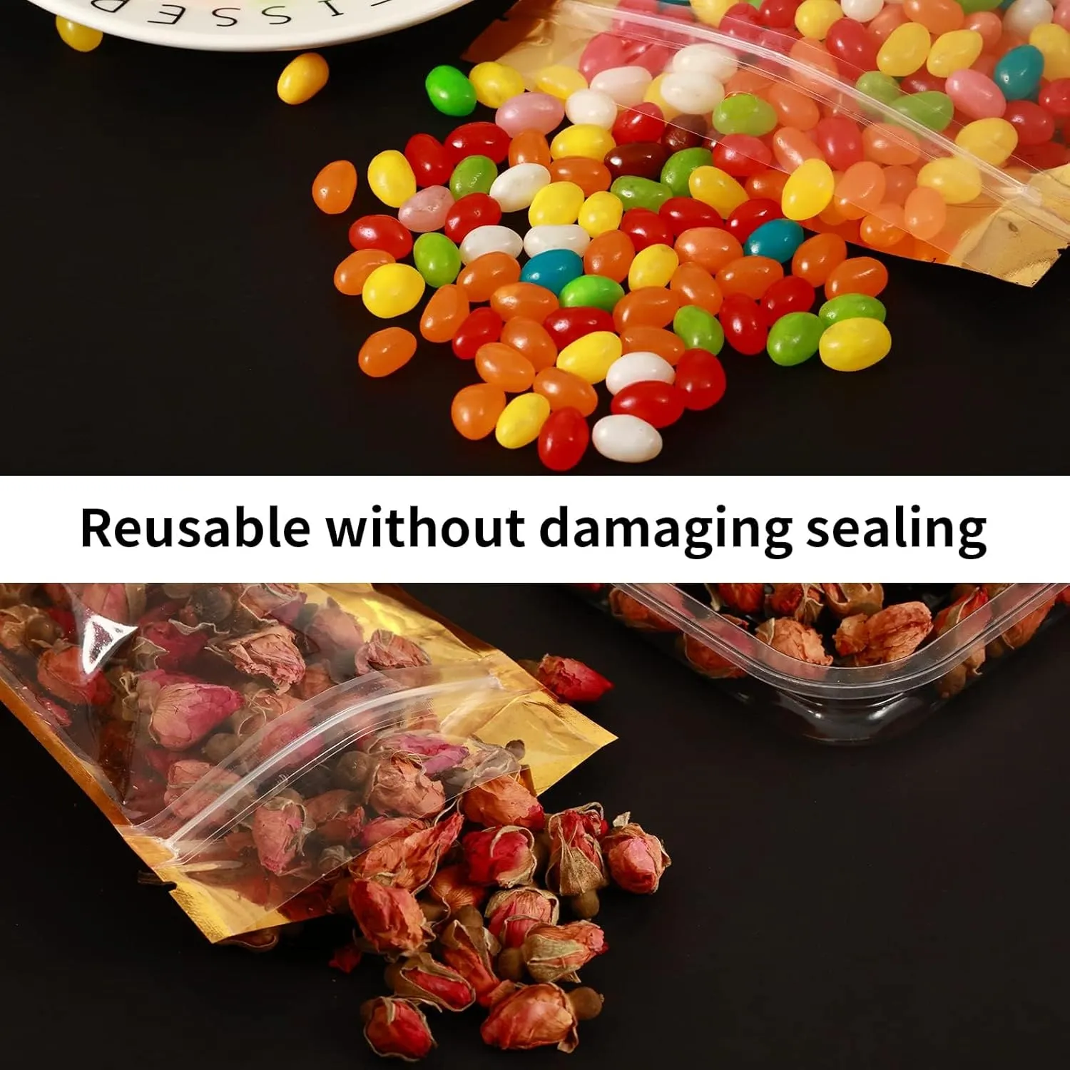 150 Pcs Mylar Bags for Food Storage - 5x8 Stand Up, Resealable, Smell Proof, Freeze Dried Candy Packaging