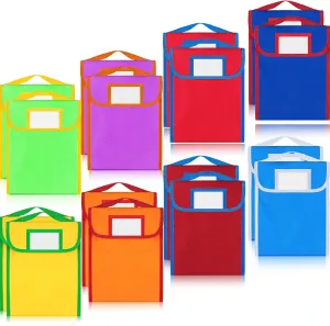 16 Pcs Large Book Pouches Nylon Book Bags for Classroom Bulk with Clear Name Tag Pocket Stitch Handle Colorful Student Baggies Reading Material Supplies for School 11.81 x 14.96''
