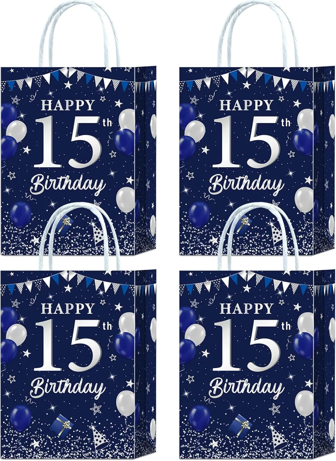 16 Pieces Navy Blue 15th Birthday Party Favors Bags,Blue Silver 15th Birthday Gift Snacks Treat Candy Party Favors Bags with Handles for Boys Girls 15th Birthday Party Decorations