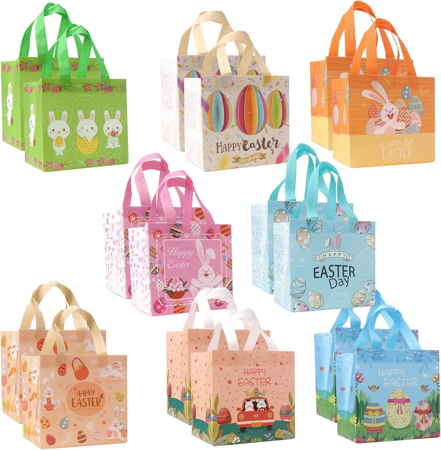 16PCS Easter Gift Bags for Kids, Easter Bunny Egg Tote Bags Reusable Bag with Handles for Kids Hunt Party Supplies