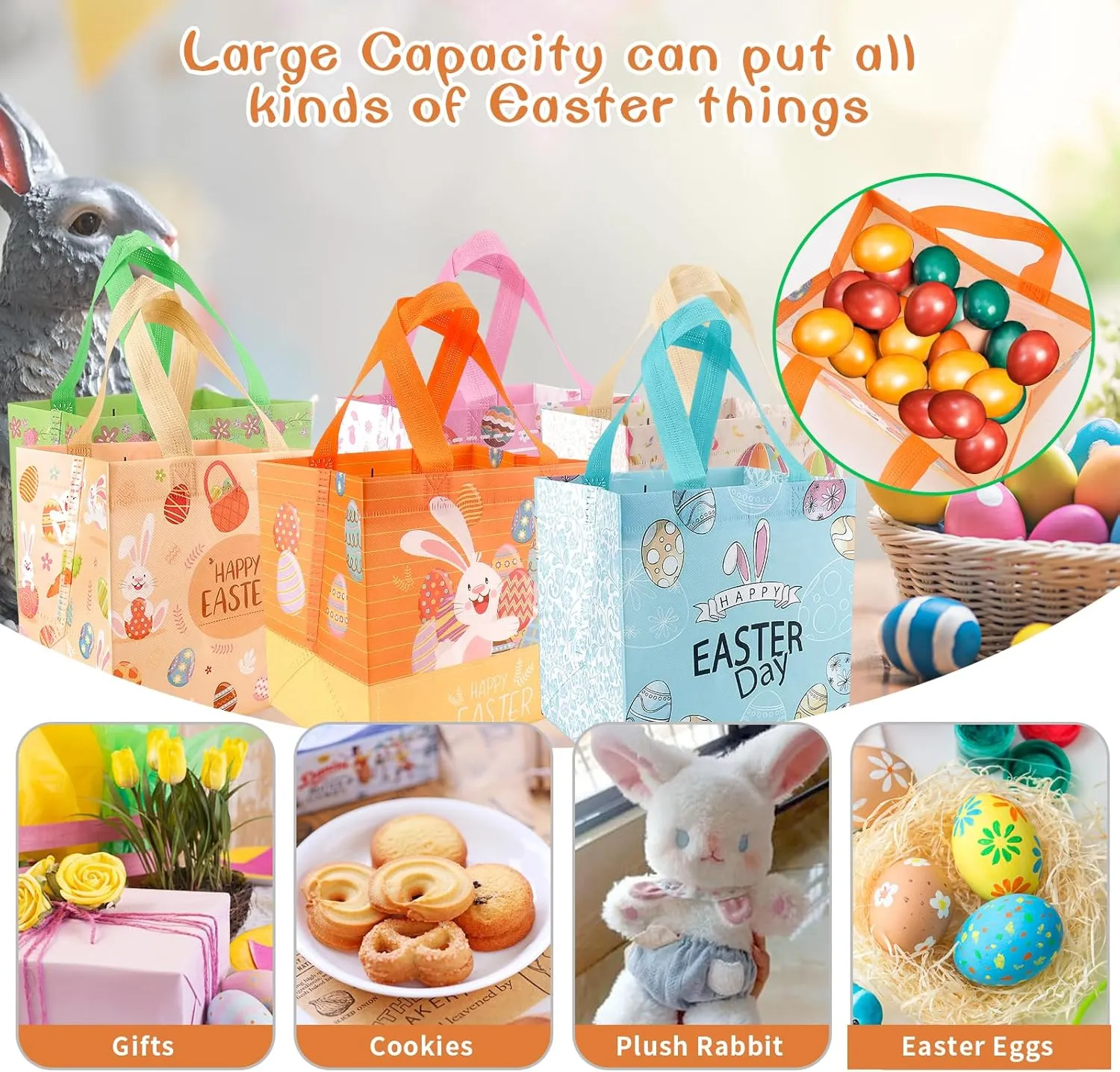 16PCS Easter Gift Bags for Kids, Easter Bunny Egg Tote Bags Reusable Bag with Handles for Kids Hunt Party Supplies