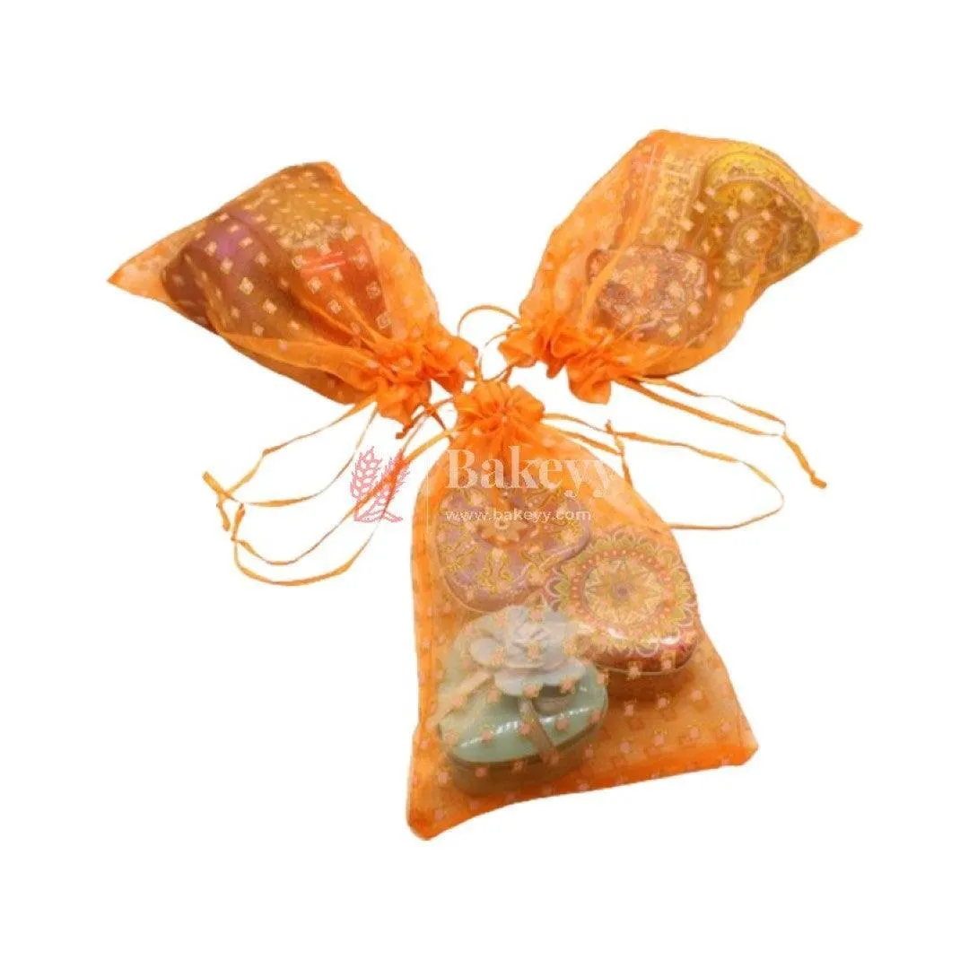 16x20 CM | Dotted Designs Organza Potli Bags | Pack of 50 | Orange Color | Candy Bag