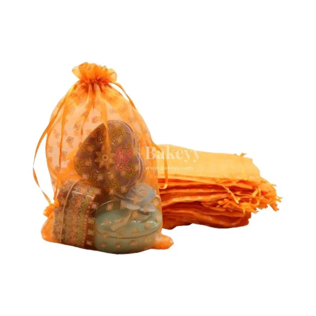 16x20 CM | Dotted Designs Organza Potli Bags | Pack of 50 | Orange Color | Candy Bag