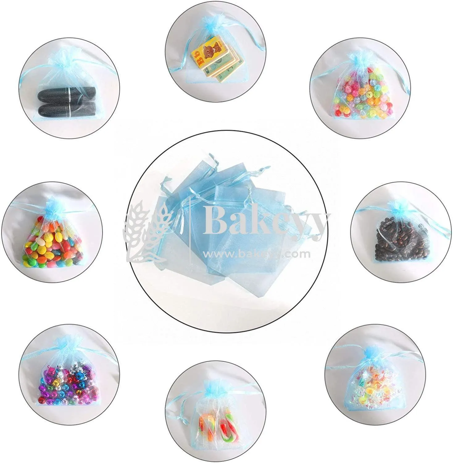 16x20 CM | Organza Potli Bags | Sky Blue Colour | Candy Bag | Pack of 50