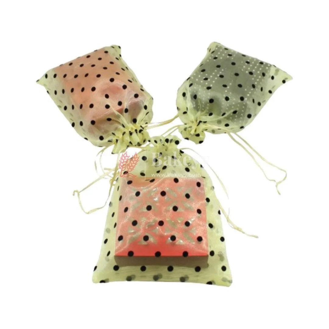 16x20 CM | Polka Dots Organza Potli Bags | Pack of 50 | Yellow Color | Candy Bag