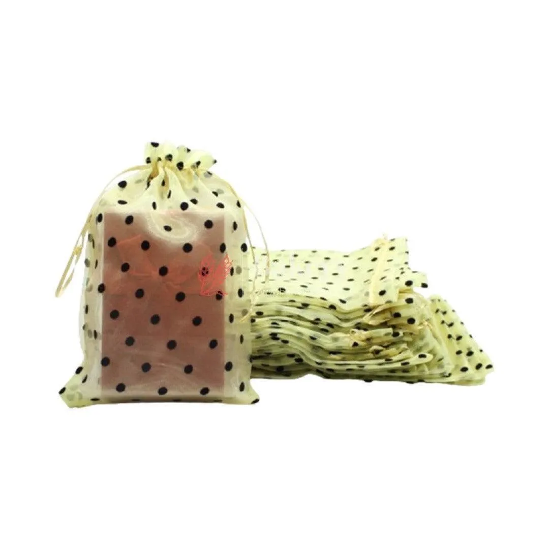 16x20 CM | Polka Dots Organza Potli Bags | Pack of 50 | Yellow Color | Candy Bag