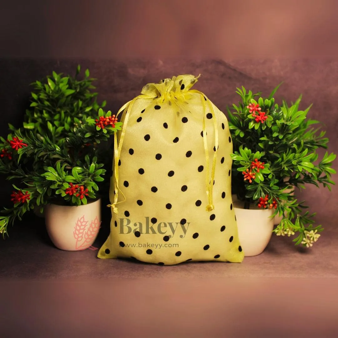 16x20 CM | Polka Dots Organza Potli Bags | Pack of 50 | Yellow Color | Candy Bag