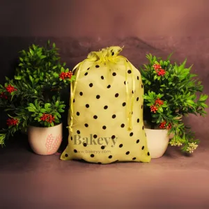 16x20 CM | Polka Dots Organza Potli Bags | Pack of 50 | Yellow Color | Candy Bag
