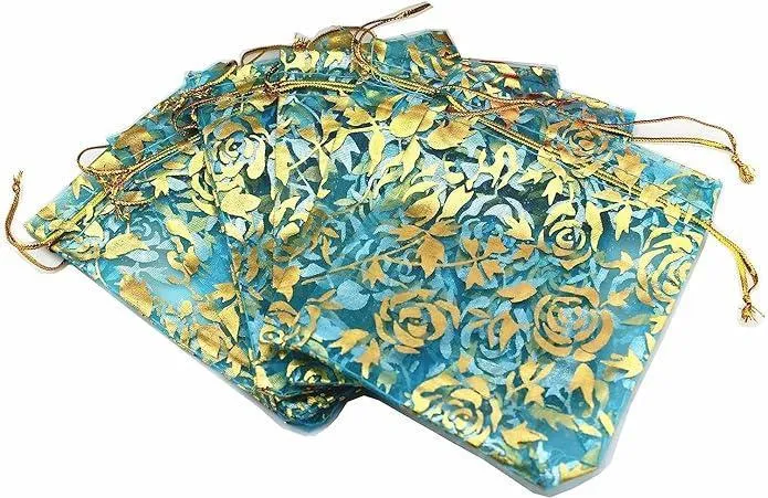 16x20 CM | Printed Organza Potli Bags | Pack of 40 | Sky Blue Colour | Candy Bag