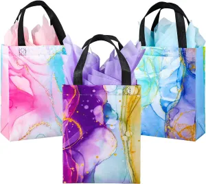 18Pcs Reusable Medium Gift Bags with Handles, 10.2" x 7.8" x 4" - Colorful Marble Party Favor Bags with Tissues for Birthday Parties, Anniversary, Shopping