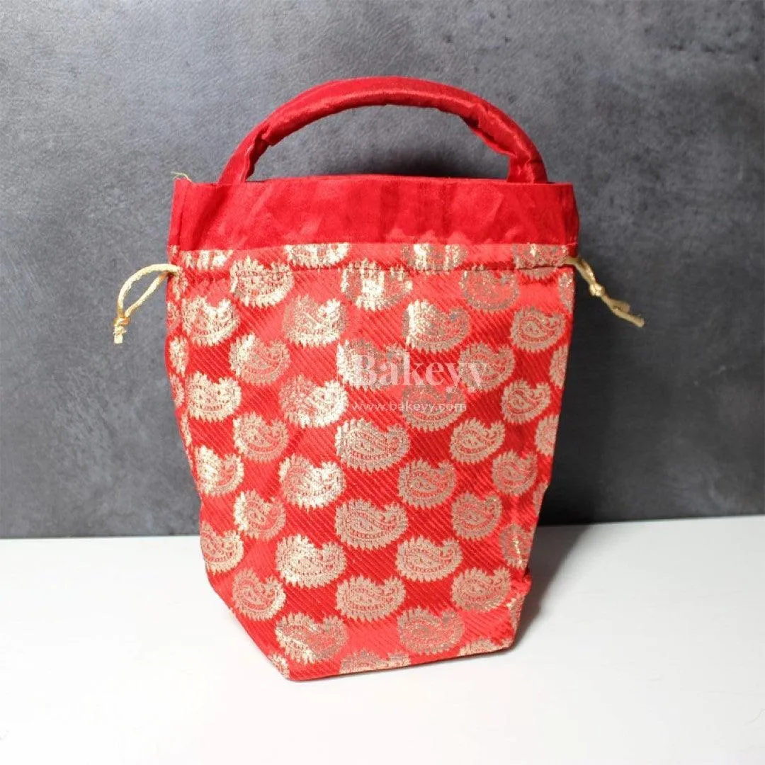 18x24 CM    Design Potli Bag  | Red with Silver Print | Pack Of 10
