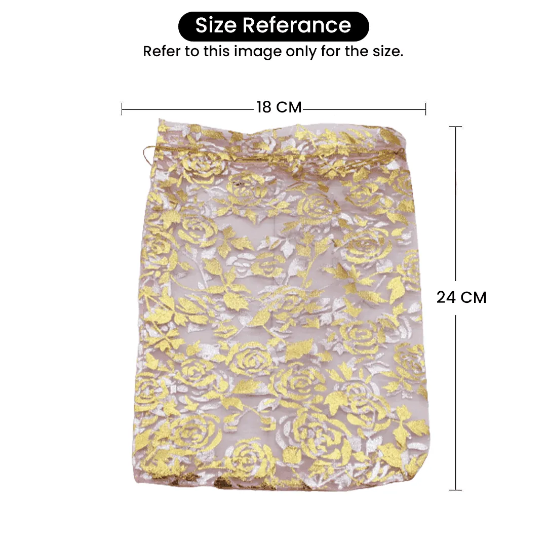18x24 CM | Printed Organza Potli Bags | Pack of 40 | Gold Colour | Candy Bag