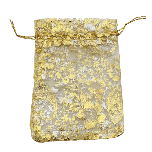 18x24 CM | Printed Organza Potli Bags | Pack of 40 | Gold Colour | Candy Bag