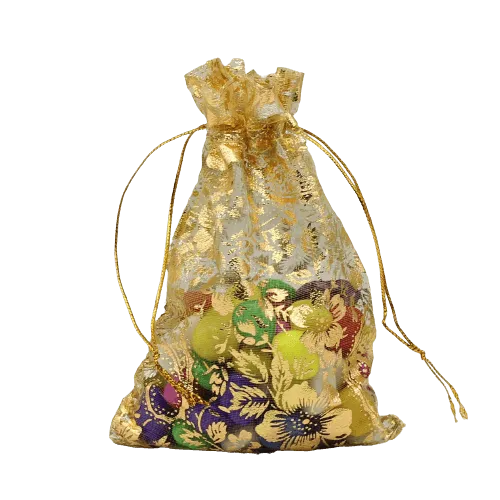 18x24 CM | Printed Organza Potli Bags | Pack of 40 | Gold Colour | Candy Bag
