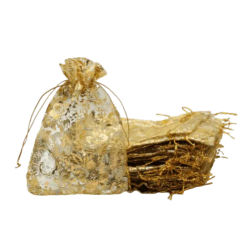 18x24 CM | Printed Organza Potli Bags | Pack of 40 | Gold Colour | Candy Bag