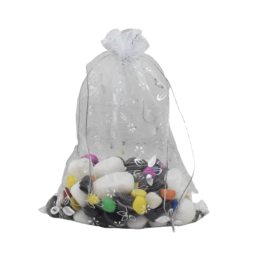 18x24 CM  | Printed Organza Potli Bags | Pack of 40 | White Colour 1 | Candy Bag