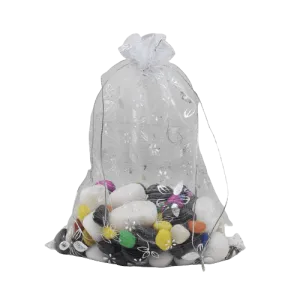 18x24 CM  | Printed Organza Potli Bags | Pack of 40 | White Colour 1 | Candy Bag