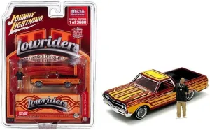 1965 Chevy El Camino Lowrider Red Metallic with Orange Graphics and Red Interior and Diecast Figure Limited Edition to 3600 Pieces Worldwide 1/64 Diecast Model Car by Johnny Lightning JLCP7460