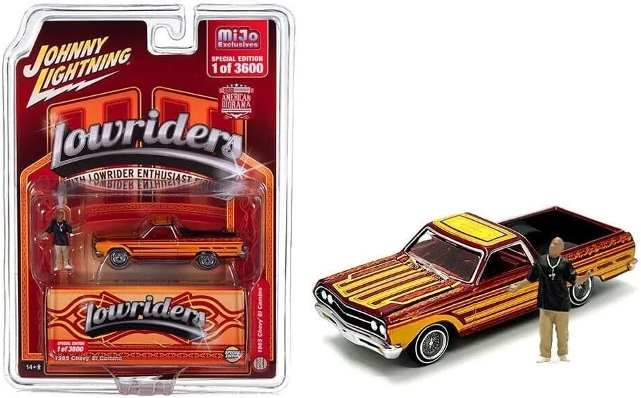 1965 Chevy El Camino Lowrider Red Metallic with Orange Graphics and Red Interior and Diecast Figure Limited Edition to 3600 Pieces Worldwide 1/64 Diecast Model Car by Johnny Lightning JLCP7460