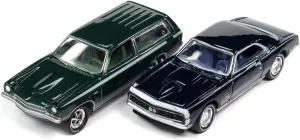 1967 Chevy Camaro SS Royal Plum Metallic and 1972 Chevy Vega Stinger Wagon Dark Green Metallic YENKO Set of 2 Cars 1/64 Diecast Model Cars by Johnny Lightning JLPK014-JLSP170A