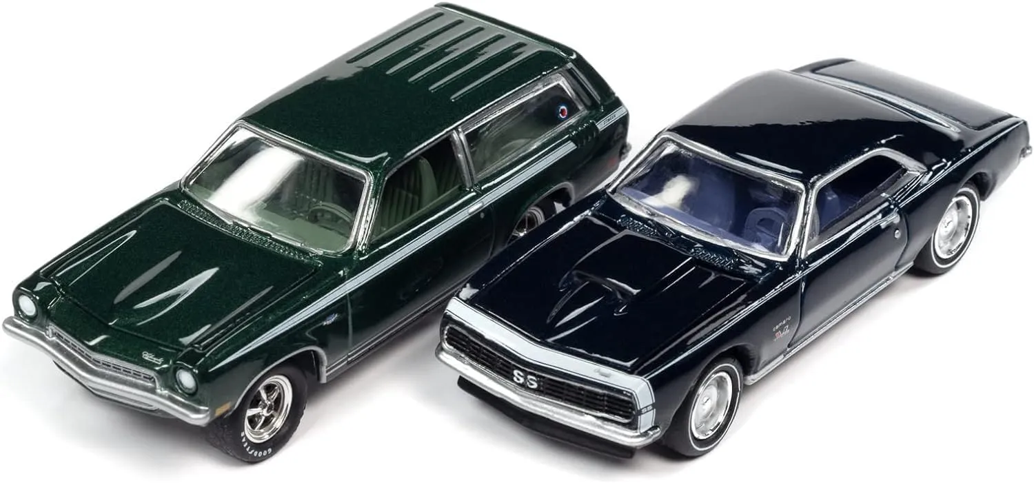 1967 Chevy Camaro SS Royal Plum Metallic and 1972 Chevy Vega Stinger Wagon Dark Green Metallic YENKO Set of 2 Cars 1/64 Diecast Model Cars by Johnny Lightning JLPK014-JLSP170A