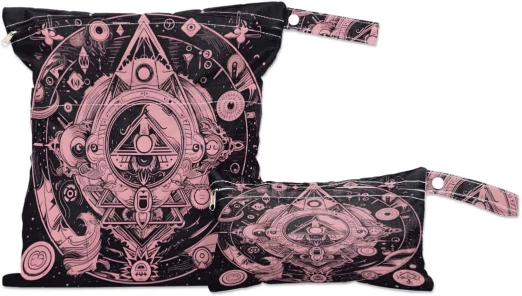 2 Pack Wet Bags for Swimsuits, Magic Circle Waterproof Washable Dirty Clothes Bag Sacred Geometry Wet Dry Bag with Zipper Pocket Bathing Suit Workout Bag Wet Swimsuit Bag for Travel Beach