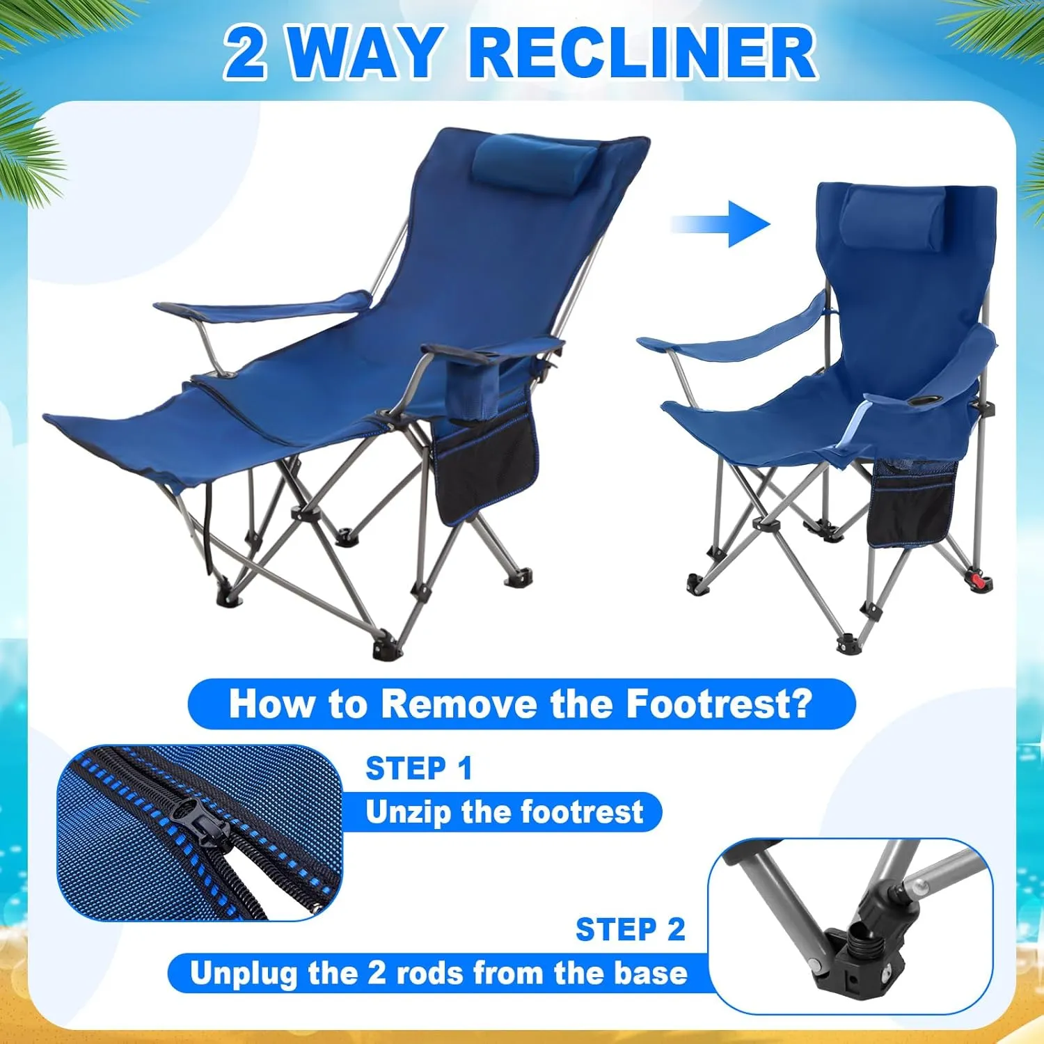 2 Set Reclining Camping Chair with Umbrella Clamp, Adjustable Beach Chair with Foot Rest, SPF 50 , Folding Shade Camping Lounger Recliner for Adult Outdoor(Black,Blue,Oxford)