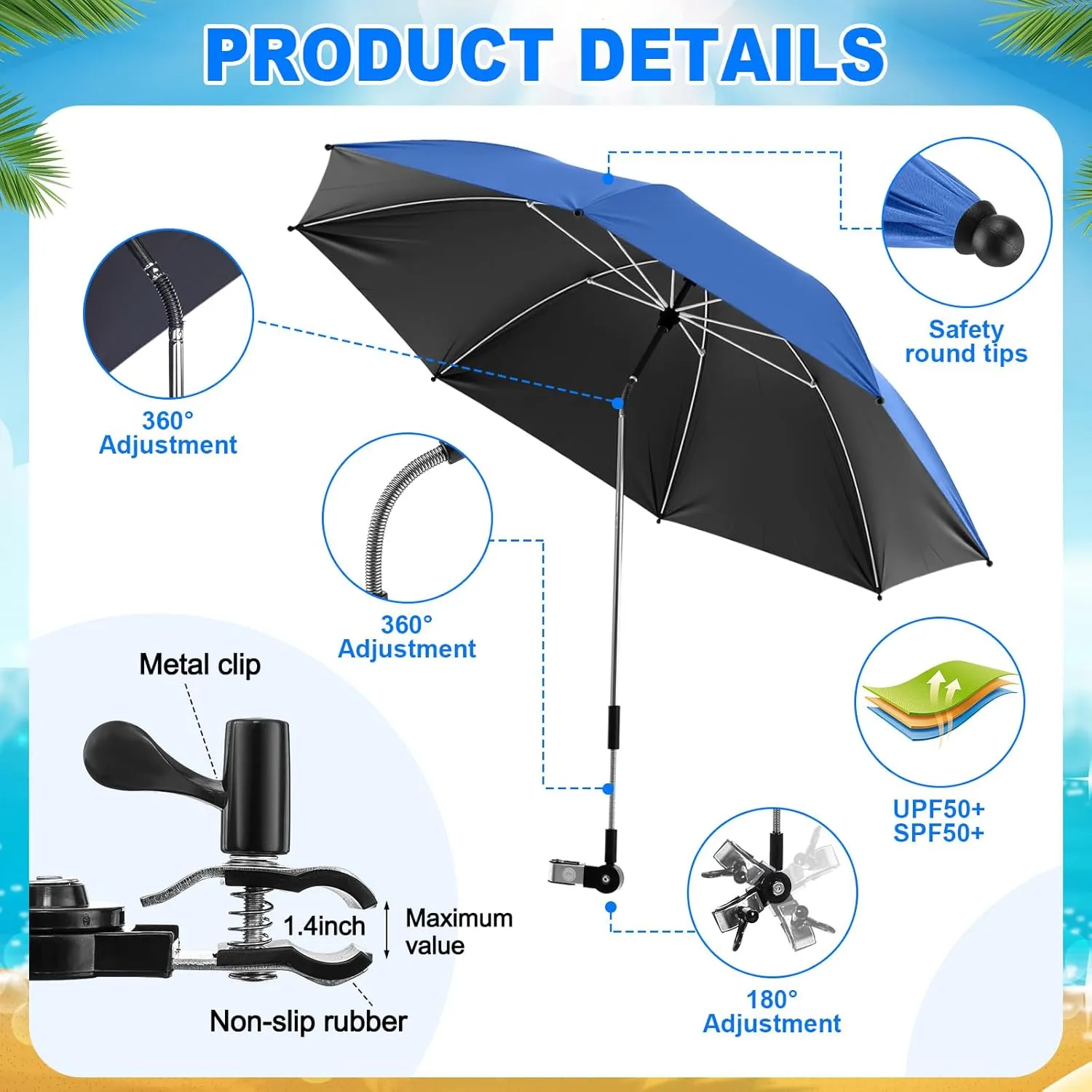 2 Set Reclining Camping Chair with Umbrella Clamp, Adjustable Beach Chair with Foot Rest, SPF 50 , Folding Shade Camping Lounger Recliner for Adult Outdoor(Black,Blue,Oxford)