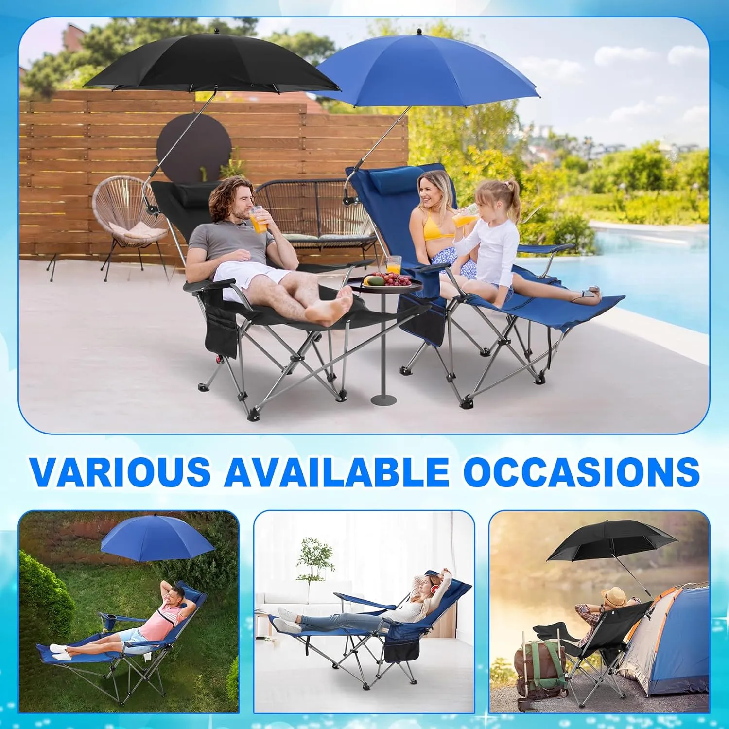 2 Set Reclining Camping Chair with Umbrella Clamp, Adjustable Beach Chair with Foot Rest, SPF 50 , Folding Shade Camping Lounger Recliner for Adult Outdoor(Black,Blue,Oxford)