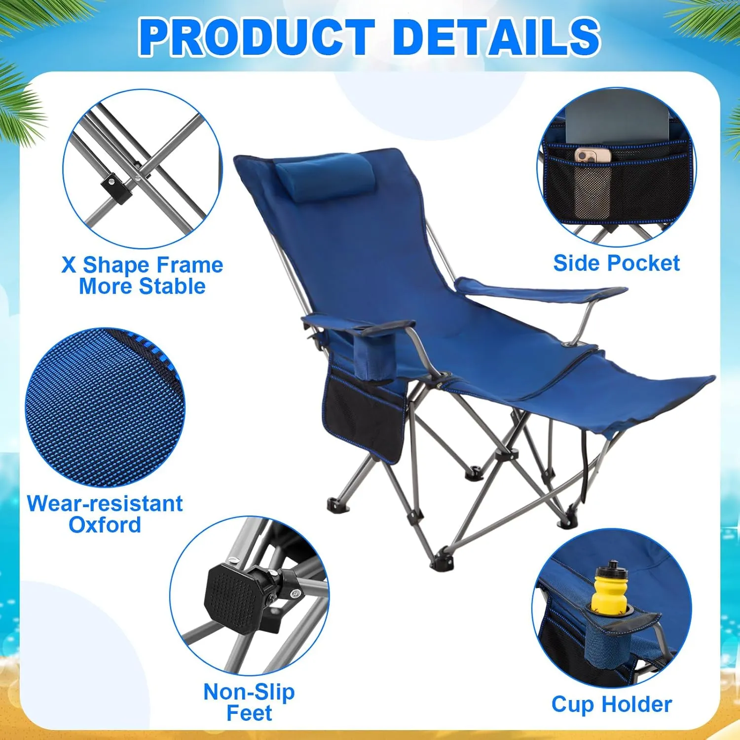 2 Set Reclining Camping Chair with Umbrella Clamp, Adjustable Beach Chair with Foot Rest, SPF 50 , Folding Shade Camping Lounger Recliner for Adult Outdoor(Black,Blue,Oxford)