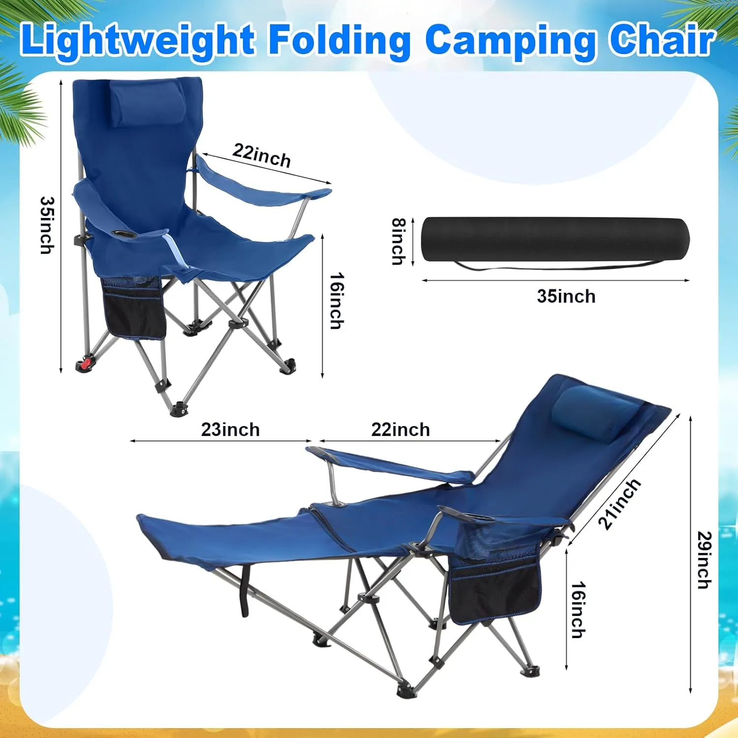2 Set Reclining Camping Chair with Umbrella Clamp, Adjustable Beach Chair with Foot Rest, SPF 50 , Folding Shade Camping Lounger Recliner for Adult Outdoor(Black,Blue,Oxford)