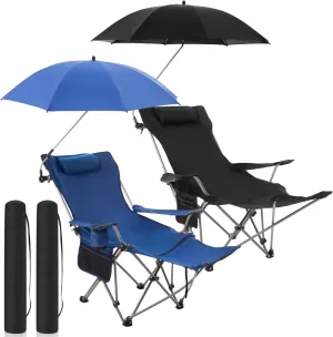 2 Set Reclining Camping Chair with Umbrella Clamp, Adjustable Beach Chair with Foot Rest, SPF 50 , Folding Shade Camping Lounger Recliner for Adult Outdoor(Black,Blue,Oxford)