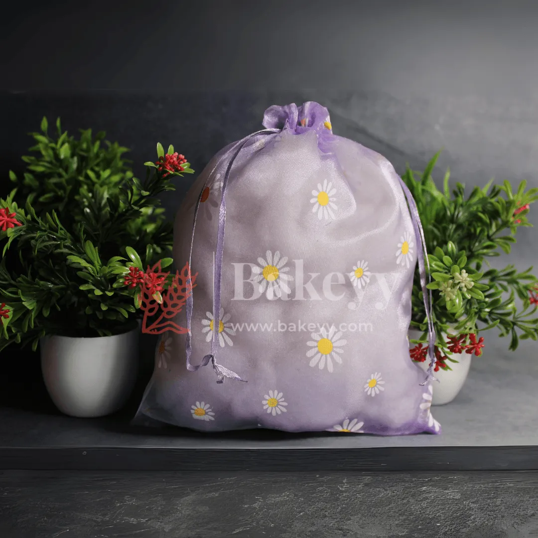 20x25 CM | Floral Design Organza Potli Bags | Purple Color | Candy Bag | Pack 0f 50