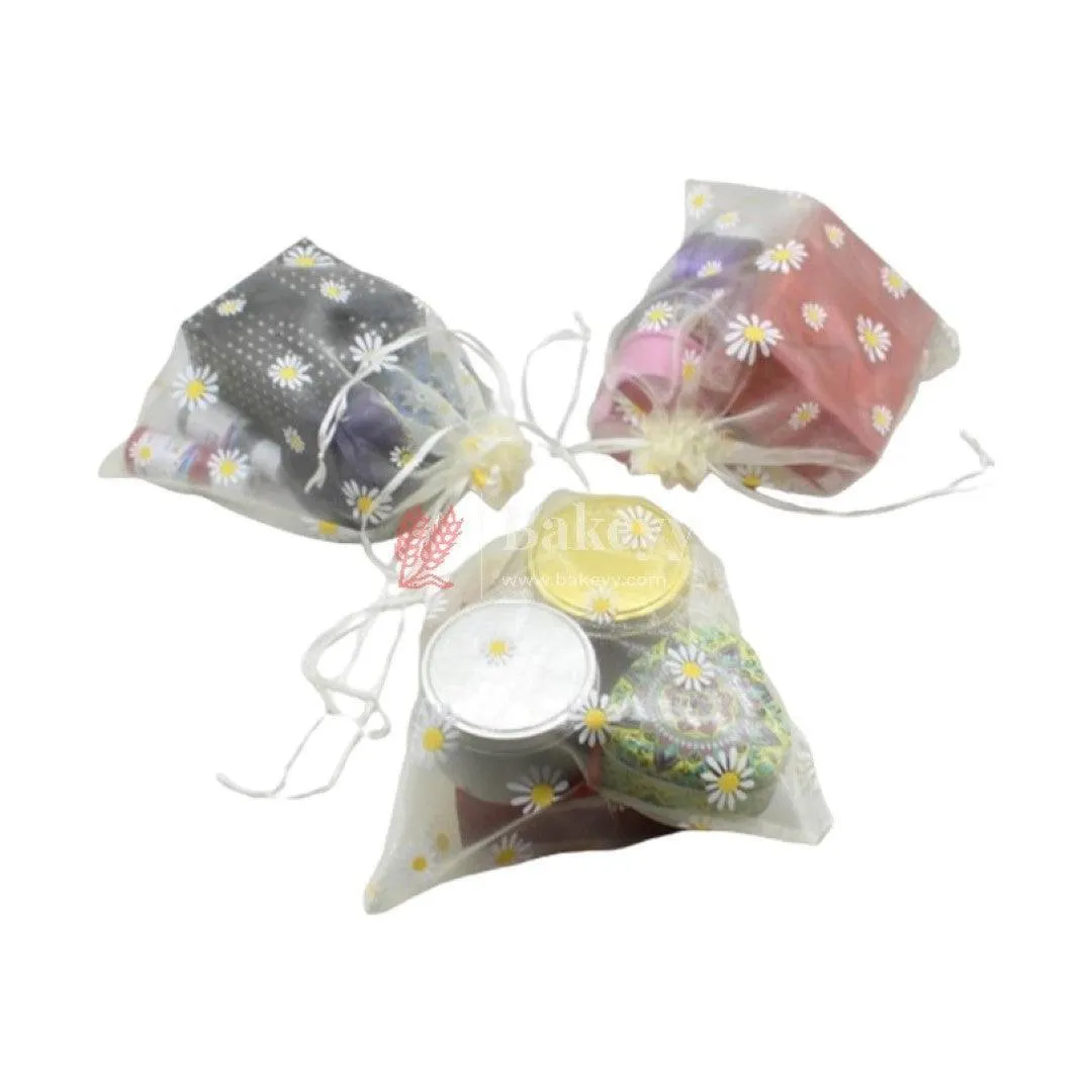 20x25 CM | Floral Designs Organza Potli Bags | Pack of 50 |  Cream Color | Candy Bag