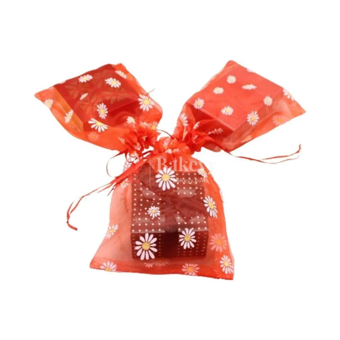 20x25 CM | Floral Organza Potli Bags | Pack of 50 | Red Color | Candy Bag |