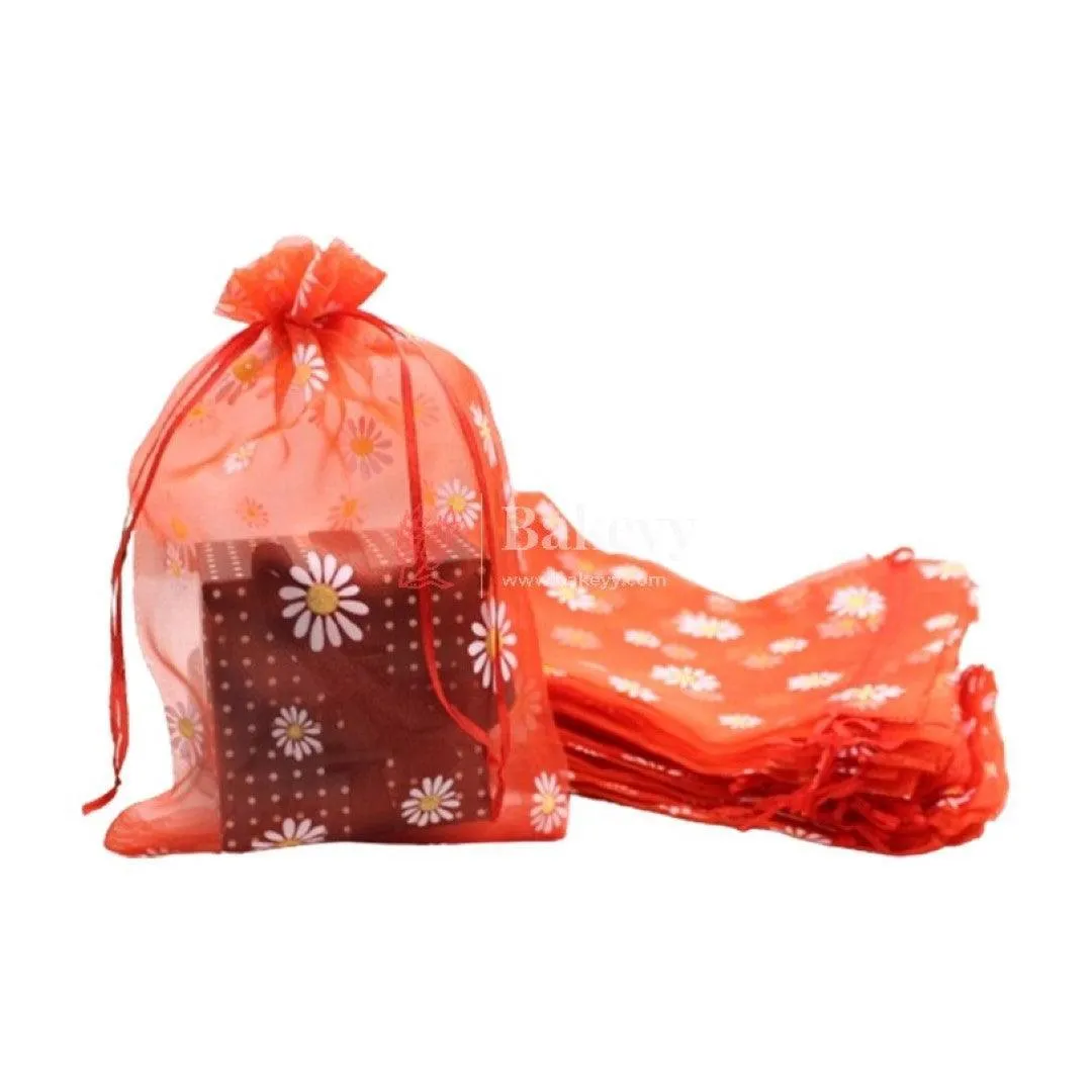 20x25 CM | Floral Organza Potli Bags | Pack of 50 | Red Color | Candy Bag |