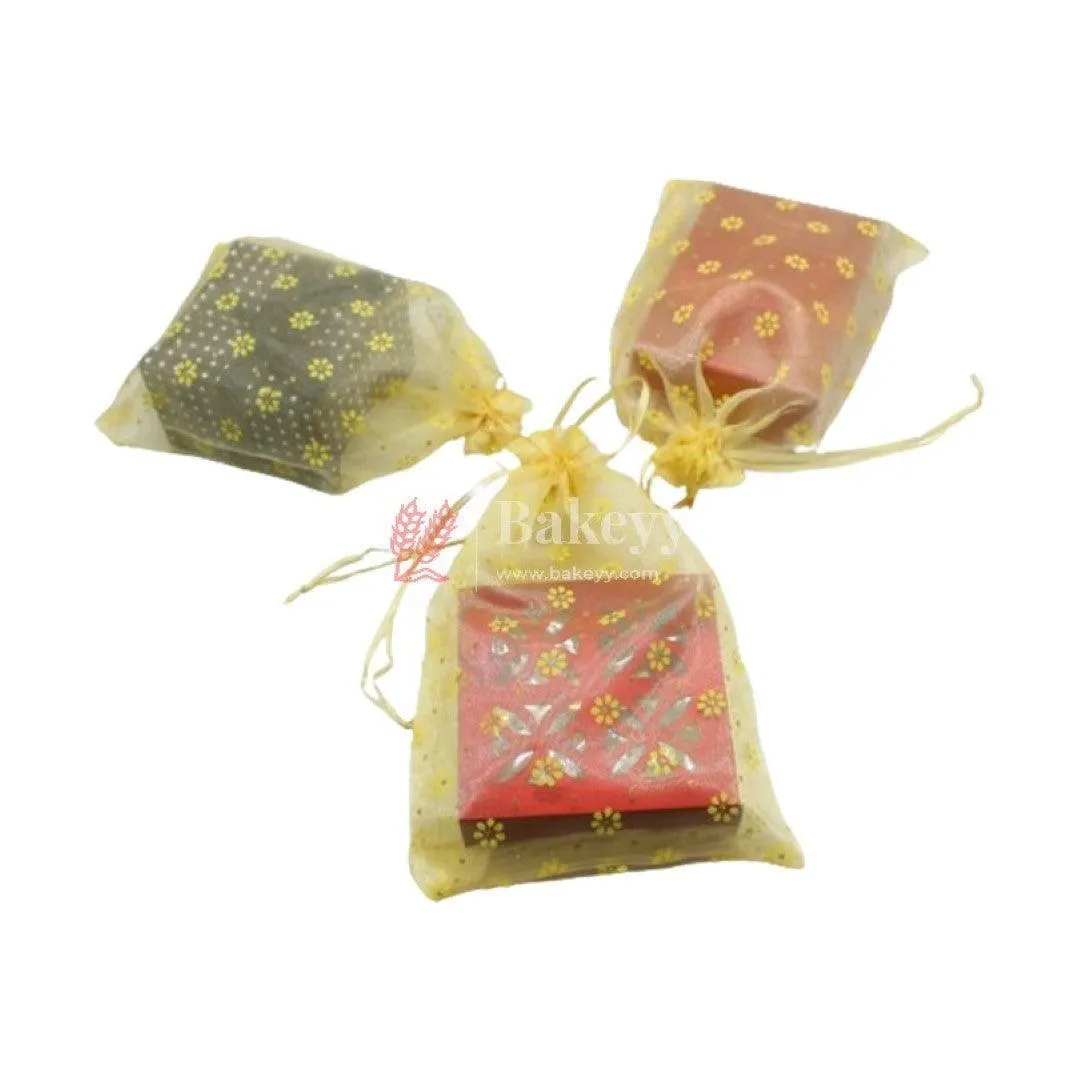 22x31 CM | Floral Designs Organza Potli Bags | Pack of 50 |  Yellow Color | Candy Bag