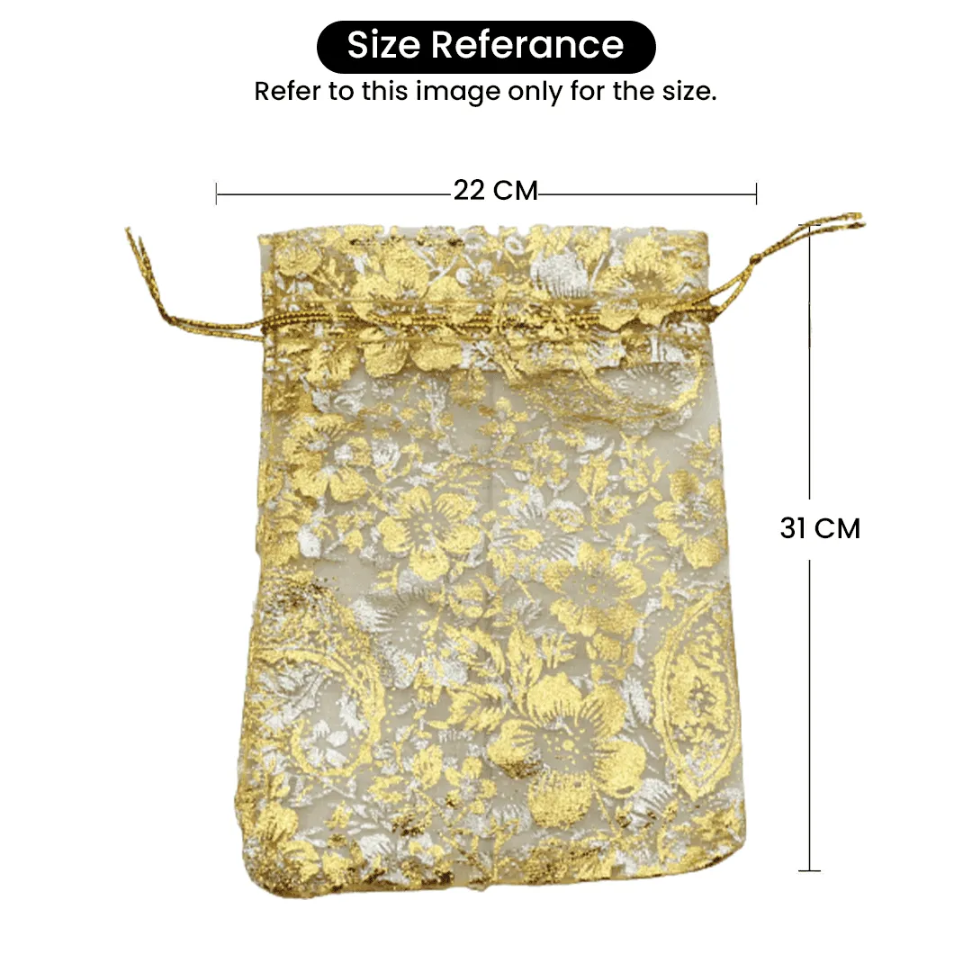 22x31 CM  | Printed Organza Potli Bags | Pack of 40 | Gold Colour | Candy Bag