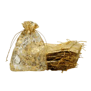 22x31 CM  | Printed Organza Potli Bags | Pack of 40 | Gold Colour | Candy Bag