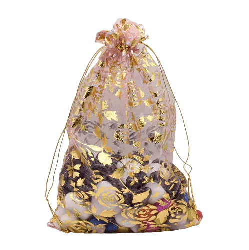 22x31 CM  | Printed Organza Potli Bags | Pack of 40 | Pink Colour | Candy Bag