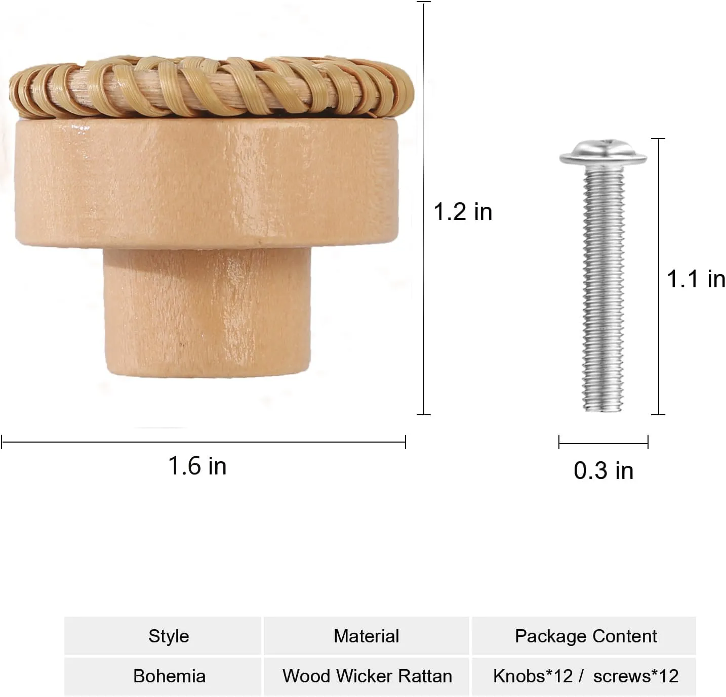 24 Pack Boho Rattan Dresser Knobs- Durable Beech Wooden Drawer Knobs Handmade Rattan Wood Pulls,with 48 Screws Wicker Woven knobs for Cabinets, Furniture