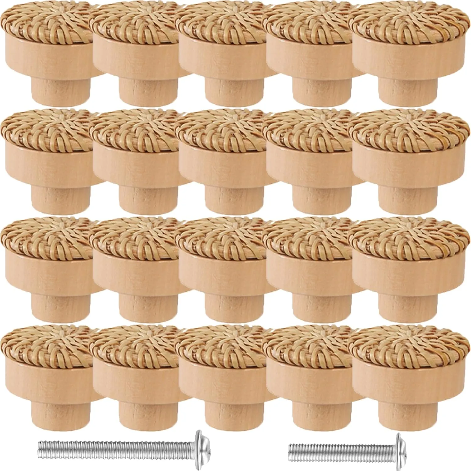 24 Pack Boho Rattan Dresser Knobs- Durable Beech Wooden Drawer Knobs Handmade Rattan Wood Pulls,with 48 Screws Wicker Woven knobs for Cabinets, Furniture