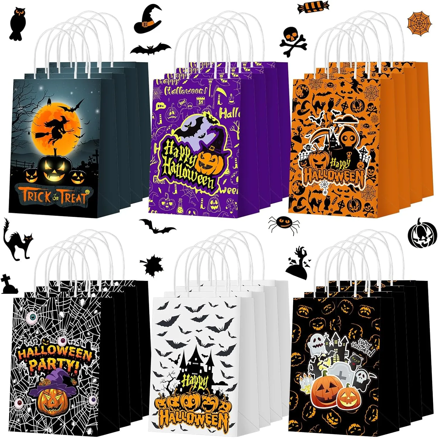 24 Pcs Halloween Bags with Handles Paper Candy Gift Goodie Snacks Bags Halloween Paper for Holiday Treats Kids Party Favors Supplies